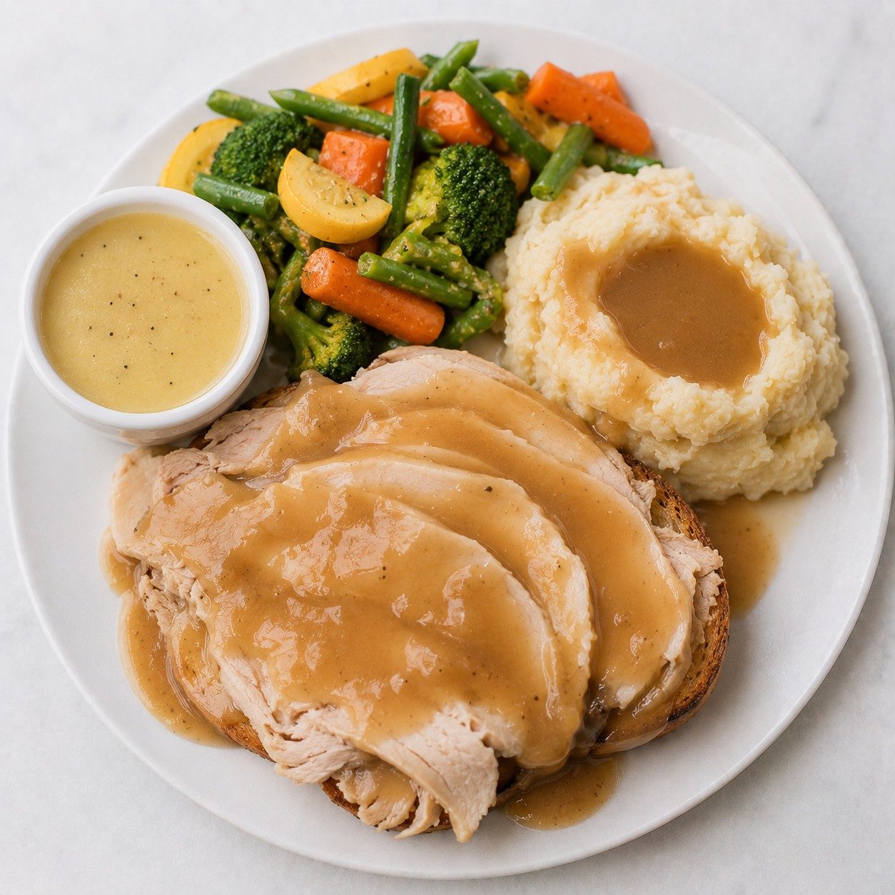 Roast Turkey Hot Open Sandwich.