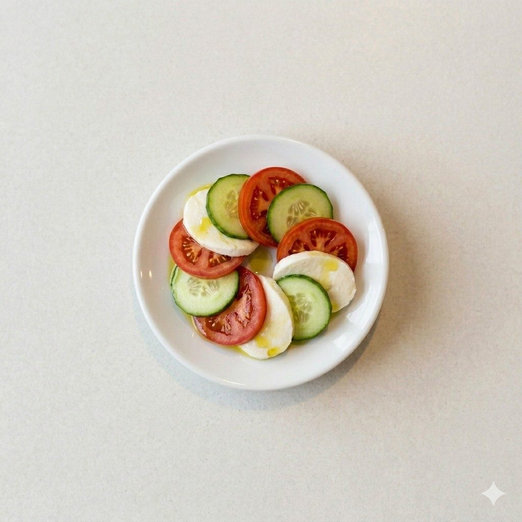 Fresh Mozzarella, Tomato and Cucumber Appetizer.