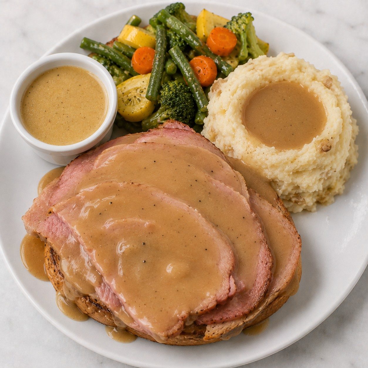 Baked Virginia Ham Hot Open Sandwich.