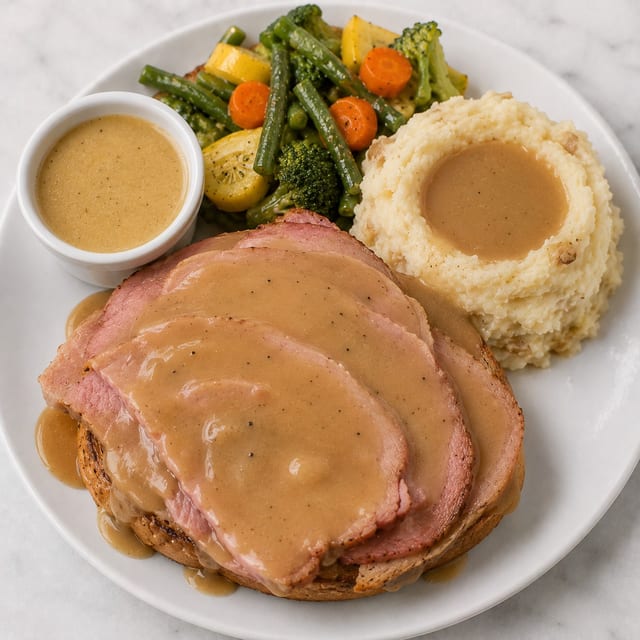 Baked Virginia Ham Hot Open Sandwich.