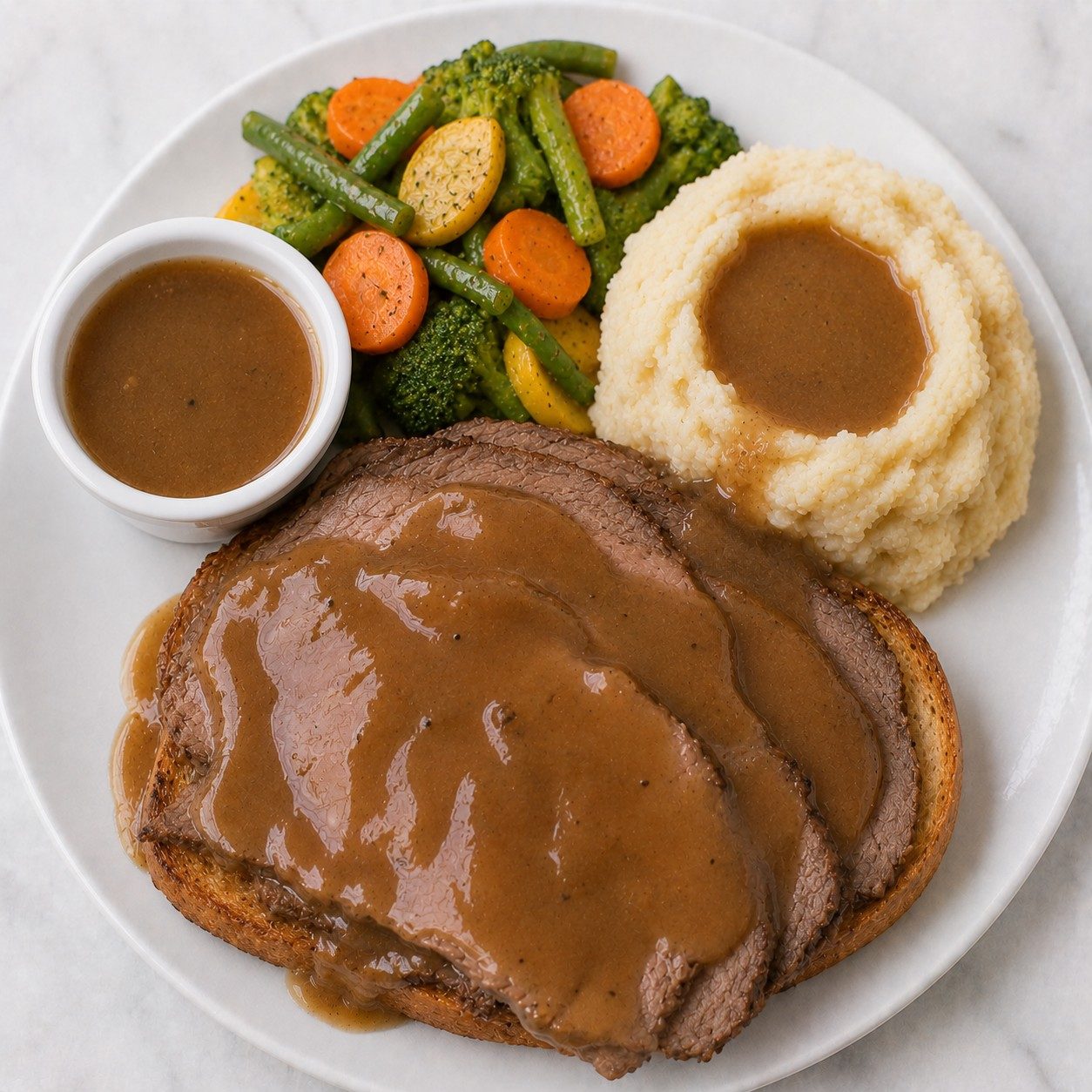 Roast Sirloin of Beef Hot Open Sandwich.